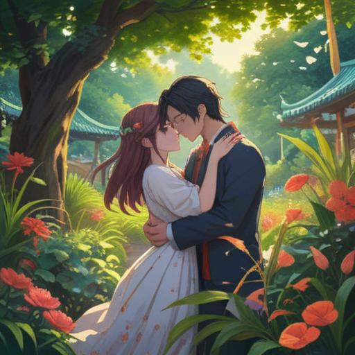 A serene and spiritual scene depicting a couple embracing in a lush garden, soft light filtering through the leaves, symbols of good fortune surrounding them, gentle and harmonious atmosphere, blooming flowers representing love and unity, ethereal glow suggesting a mystical connection, artistic representation of spiritual signs, 4k
