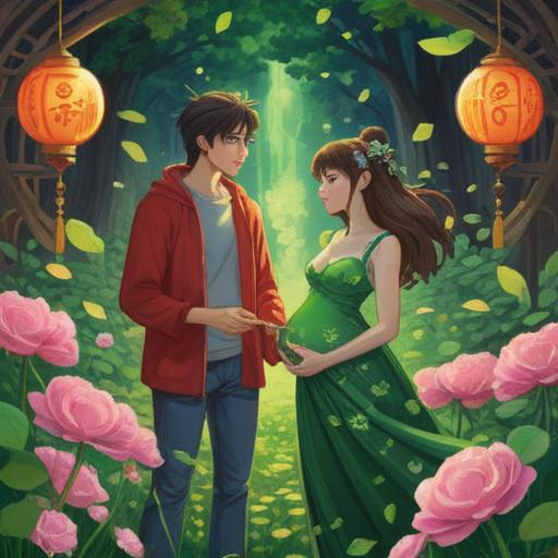 A serene and hopeful illustration of a couple celebrating their unexpected pregnancy, surrounded by symbols of good fortune like a four-leaf clover, a lucky cat, and shimmering stars, warm colors, joyful expressions, nature-inspired elements, vibrant flowers, soft sunlight, embracing a positive future, 4k