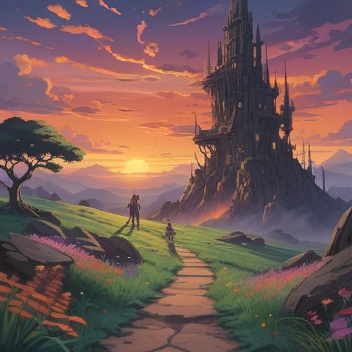 A serene landscape depicting the cycle of life and death, ethereal beings symbolizing the passage of time, a beautiful sunset illuminating the horizon, gentle waves representing the flow of existence, vibrant colors blending harmoniously, the contrast of blooming flowers and wilting petals, a sense of acceptance and tranquility, 4k