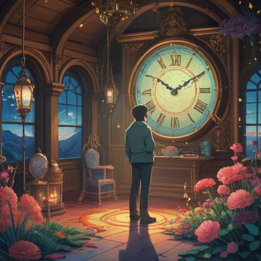 A serene landscape depicting a person reflecting on their life, ethereal light surrounding them, symbols of clocks and hourglasses in the background, a feeling of urgency yet tranquility, interconnectedness with nature, peaceful expression, spiritual awakening, clear skies, soft sunlight filtering through trees, vibrant colors, 4k