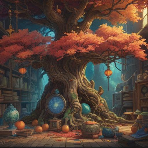 A vibrant still life composition, featuring items symbolizing longevity and well-being, such as a gnarled tree representing resilience, a clock with lush greenery intertwined to symbolize time and nature, small charms or talismans for good luck placed harmoniously around, warm lighting creating a serene atmosphere, detailed textures on each item, inviting and peaceful composition, 4k