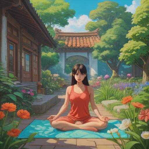 A serene scene depicting a mindful lifestyle focused on longevity, a peaceful garden with vibrant flowers, people practicing yoga under a clear blue sky, healthy food on a picnic blanket, sunlight filtering through the trees, a sense of tranquility and well-being, harmonious living, vibrant colors, 4k