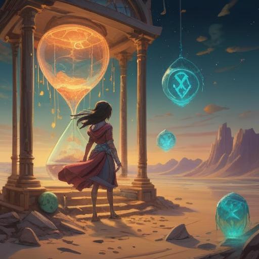 A surreal illustration depicting a person surrounded by ethereal, glowing symbols representing spiritual signs, a fleeting hourglass with sand running low, soft ethereal light illuminating the scene, a celestial background with stars and cosmic elements, the person reflecting on their life, expressive facial features conveying urgency and introspection, tranquil yet poignant atmosphere, 4k