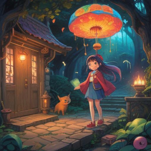 A whimsical illustration of a character discovering a lucky charm, vibrant colors, enchanting atmosphere, symbolic items representing hope, a short lifespan theme, a serene outdoor setting, elements of nature symbolizing renewal, captivating and imaginative design, 4k