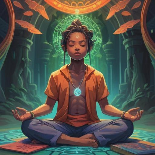 A spiritual illustration depicting a person meditating with a glowing number on their forehead, ethereal light surrounding them, symbols of wisdom and knowledge in the background, serene environment, soft pastel colors, uplifting atmosphere, mystical elements floating in the air, 4k