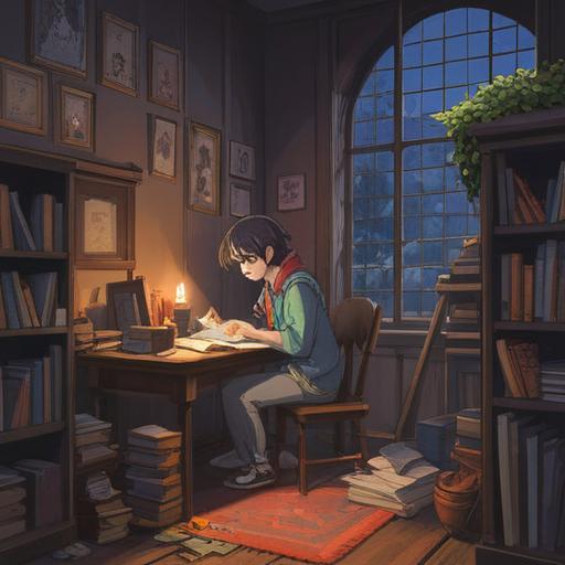 A mystical and serene scene depicting a student studying in a quiet, candle-lit room, an open notebook with a number written in a glowing aura, symbols of luck and guidance surrounding them, a gentle, ethereal light shining through the window, calming atmosphere, reflective and meditative mood, spirit guides represented by subtle, translucent figures, 4k