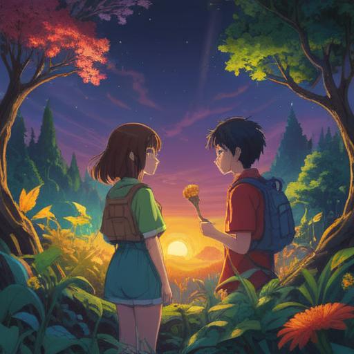 A spiritual journey illustration, two diverse individuals sharing a peaceful moment, vibrant energy surrounding them, lush nature backdrop symbolizing growth, warm sunlight creating a harmonious atmosphere, expressive faces showing understanding and connection, ethereal elements representing spirituality, 4k