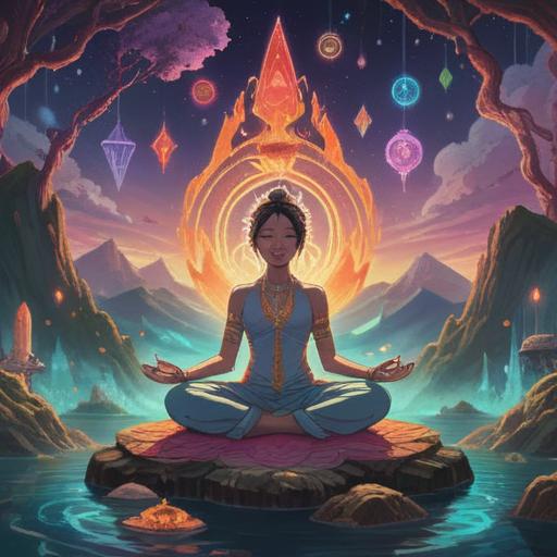 A serene and mystical illustration of a person experiencing neck stiffness while meditating, surrounded by floating spiritual symbols and gentle light, aura of healing energy, peaceful expression, natural setting with lush greenery, subtle glowing elements, conveying a sense of awakening and positive energy, 4k