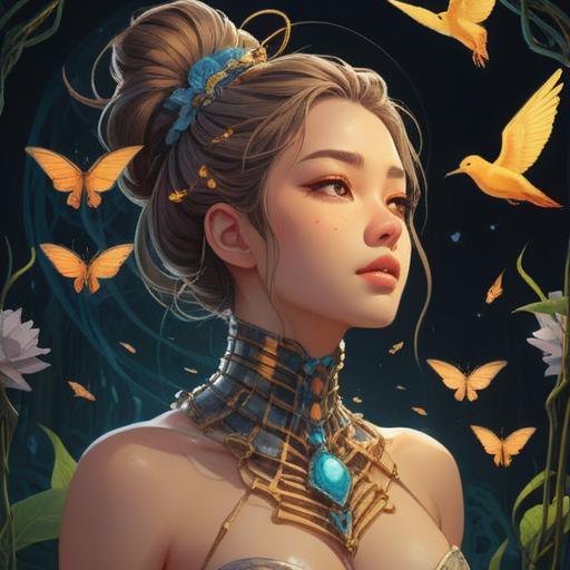 A thought-provoking illustration depicting hives on a neck, surrounded by symbols of spirituality, ethereal light, nature elements enhancing the theme, serene facial expression, deep connection to self-awareness, calming colors, intricate details, 4k