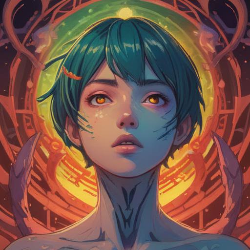 A close-up illustration of the neck area showing a spiritual symbol represented by acne at the base of the neck, surrounded by ethereal light, an aura of positive energy, nature elements like flowers and leaves, conveying a sense of healing and growth, serene and uplifting atmosphere, vibrant colors, 4k