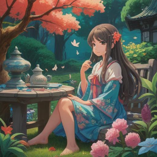 A serene illustration of a character sitting calmly in a tranquil garden, surrounded by blooming flowers symbolizing positive change, a gentle breeze, deep in meditation, a soft light illuminating their face, reflecting a sense of renewal and optimism, with a subtle visual metaphor of clear skin emerging from the flowers, pastel colors, harmonious composition, inviting atmosphere, 4k