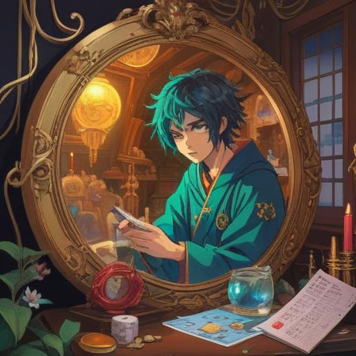 A symbolic representation of fortune revealed through acne, a character gazing into a mirror with a contemplative expression, vibrant energy flowing around, intertwining elements of luck and health, abstract patterns suggesting change and growth, warm and cool color contrasts, a serene and enlightening atmosphere, 4k