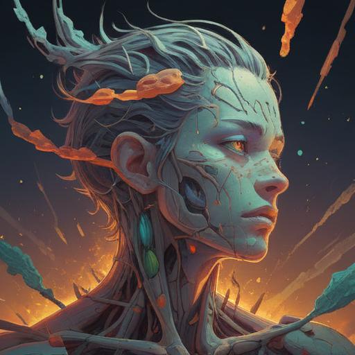 A detailed illustration exploring the spiritual meaning of acne on the back of the neck, a figure contemplating their inner self, ethereal light surrounding the neck area, symbols of transformation and healing, serene expressions, harmonious color palette, mystical atmosphere, interconnectedness of body and spirit, 4k