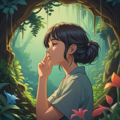 An illustration of a serene setting featuring a person contemplating a lucky aroma while touching the back of their neck, surrounded by calming essential oil bottles, soft floral elements, a gentle light illuminating the scene, a sense of tranquility and wellness, harmonic colors, inviting atmosphere, clear focus on the neck and its condition, 4k
