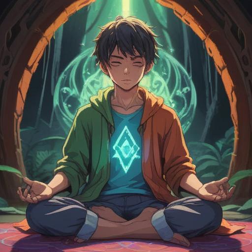 A mystical illustration of a person meditating, focusing on a glowing crystal placed at the nape of their neck, radiant energy emanating from the crystal, ethereal light surrounding them, symbols of spirituality incorporated in the background, serene atmosphere, harmonious colors, connection with the universe, 4k