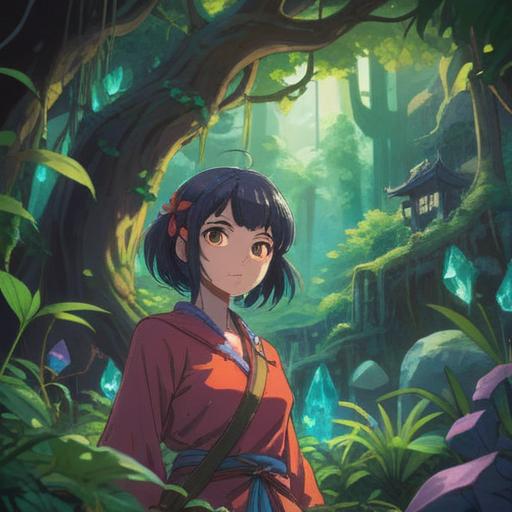 A vibrant collection of colorful crystals, each radiating unique energy, arranged in a serene natural setting, surrounded by lush greenery, sunlight filtering through leaves, sparks of light reflecting off crystal surfaces, symbols of spiritual growth and harmony, tranquil atmosphere, inviting sense of wonder, 4k