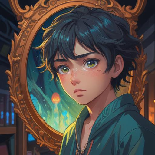 A mystical representation of a person looking in the mirror with a prominent pimple on their neck, surrounded by ethereal light and abstract spiritual symbols, reflecting on self-acceptance and inner struggles, soft glowing colors, serene expression, dreamlike atmosphere, intricate details in the background, 4k