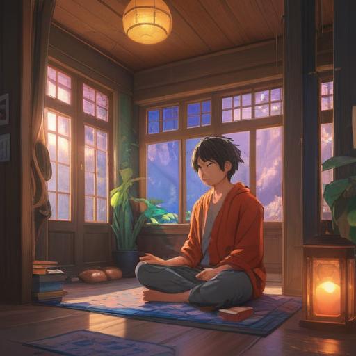 A serene moment of self-reflection, a cozy room with soft lighting, a person meditating with closed eyes, surrounded by soothing nature elements like plants and gentle sunlight filtering through the window, peaceful atmosphere, mindfulness and tranquility, focusing on the connection between mind and body, 4k