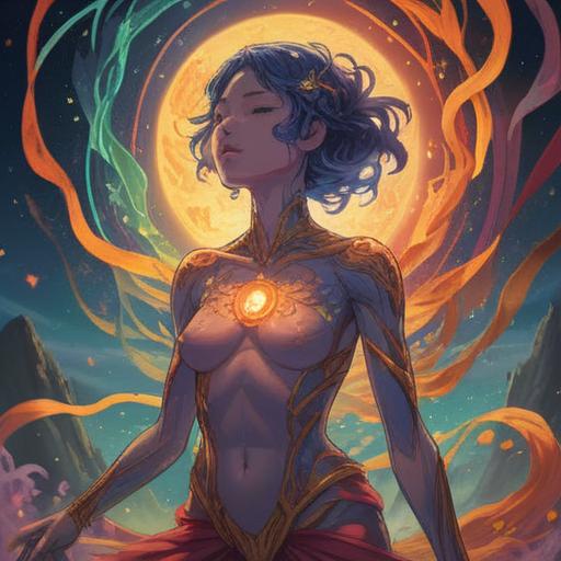 A mystical illustration depicting the connection between neck and shoulder pain and hidden spiritual messages, ethereal light surrounding the figure, vibrant chakra points, serene expression on the person's face, symbolic elements representing healing and balance, gentle energy flow, nature-inspired background, 4k