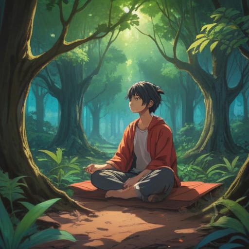 A serene scene depicting a person sitting in a meditative pose, soft light filtering through trees, signs of spiritual awakening around, symbols of enlightenment and guidance, gentle expressions on the person's face, subtle hints of shoulder and neck tension, ethereal atmosphere, conveying a sense of introspection and healing, 4k