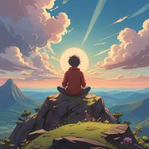 A serene and tranquil scene, a person meditating on a mountain top, surrounded by soft clouds, gentle sunlight filtering through trees, a sense of inner peace, symbols of spirituality such as chakras and mandalas, lush greenery in the background, harmonious colors, calming atmosphere, 4k