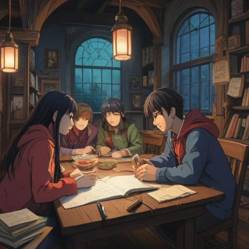 A serene gathering of diverse people around a large table, sharing ideas and notes, notebooks filled with colorful sketches and diagrams, a warm light illuminating the room, promoting a sense of collaboration and understanding, 4k