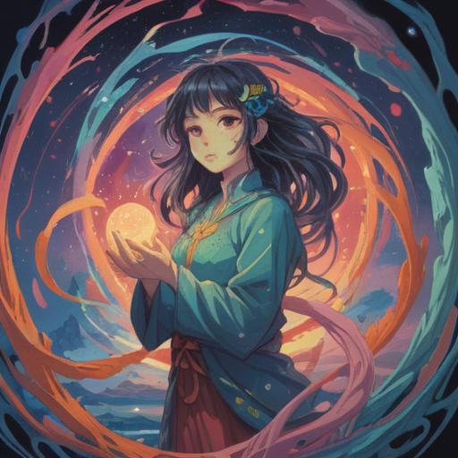 A mystical illustration of a serene figure with a calm expression, surrounded by swirling pastel colors, representing spiritual awakening, hands gently caressing the neck area, symbolic light orbs floating around, soft glow illuminating the scene, ethereal background with abstract patterns, vibrant energy, 4k