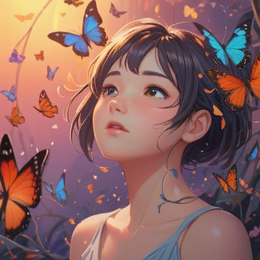 A serene illustration of a person gently scratching their neck, surrounded by a soft glow, symbolic butterflies fluttering around, ethereal light breaking through the clouds, vibrant colors representing positive energy, hints of spiritual symbols in the background, tranquility and self-discovery theme, 4k