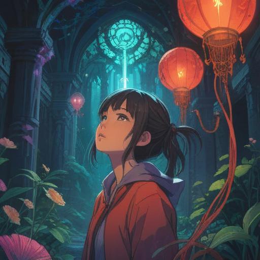 A mystical scene depicting a figure experiencing discomfort from neck itching, surrounded by ethereal symbols of spiritual awareness, gentle light illuminating the surroundings, a serene nature backdrop with flowing water, colorful flowers representing healing, the figure in contemplation, reflecting on spiritual growth and signs, soft and inviting atmosphere, 4k