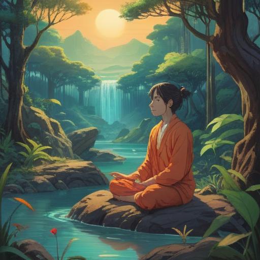 A serene and uplifting scene depicting the connection between neck health and spiritual well-being, a person meditating in a tranquil environment, gentle light illuminating the neck area, symbols of good energy surrounding them, nature-inspired elements like flowing water and blooming flowers, harmonious colors, aura of tranquility, 4k