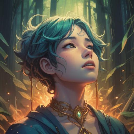 A serene and mystical illustration, depicting a person with rough skin on their neck, surrounded by ethereal light, symbolic representation of spiritual awakening, vibrant colors illustrating inner turmoil and healing, nature elements reflecting tranquility, detailed facial expressions, 4k