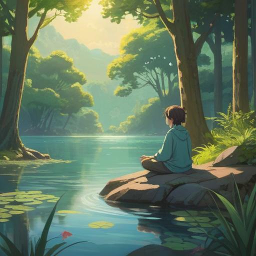 A serene scene depicting a person meditating peacefully by a tranquil lake, surrounded by lush greenery, gentle sunlight filtering through the trees, harmonious elements representing balance such as stones stacked symmetrically, calming water reflections, a sense of inner peace and mindfulness, soft color palette, inviting atmosphere, 4k