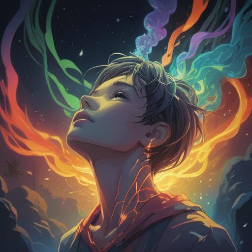 A spiritual illustration depicting a person experiencing a neck strain, ethereal glow surrounding them, symbolizing personal growth and transformation, soft light emanating from their neck, abstract representations of chakra energy, peaceful nature background, harmonious atmosphere, serene expression, balanced energies, 4k