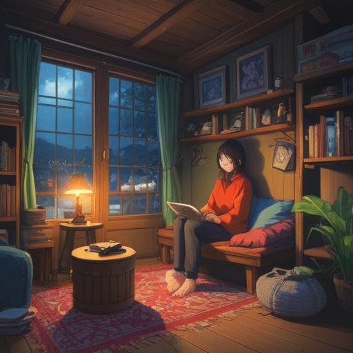 A peaceful scene depicting a person sitting in a cozy room, relaxing with a warm compress on their neck, surrounded by soothing elements like soft pillows and gentle light, a journal open with comforting thoughts written down, a cup of herbal tea nearby, calming atmosphere, emphasis on self-care and emotional healing, serene expression, tranquil setting, 4k