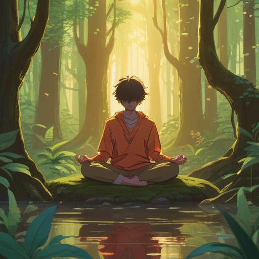 A serene and mystical scene depicting a person meditating in a tranquil forest, soft golden light filtering through the trees, gentle aura surrounding the figure, symbolic elements like feathers and glowing orbs, peaceful expression, connection to nature, ethereal atmosphere, 4k