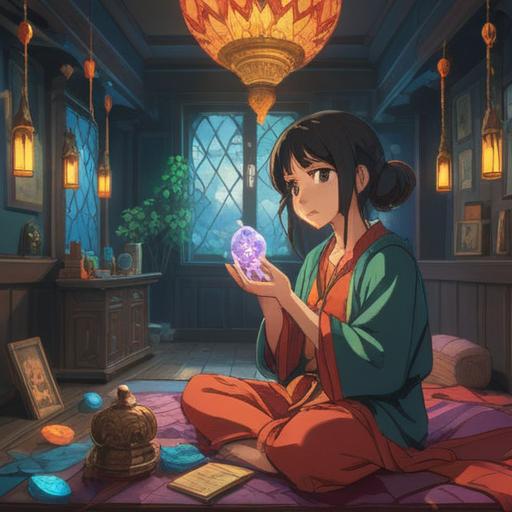 A serene meditation scene, a person gently holding a crystal pendant, soft light illuminating the room, soothing colors, calming atmosphere, various spiritual items around, like essential oils and candles, a sense of tranquility and balance, 4k