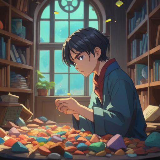 A soothing scene depicting a person gently examining their neck, an assortment of colorful lucky stones scattered around them, soft natural light filtering through a window, a tranquil atmosphere, delicate details in the stones' textures, healing energy suggested by the arrangement, 4k