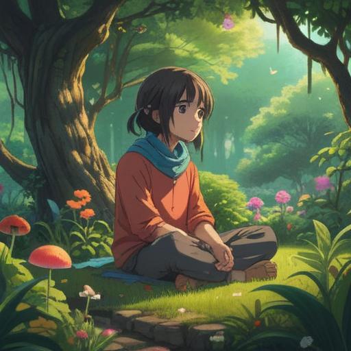 A serene and calming scene depicting a person with a visible skin rash on their neck, sitting in a tranquil garden, practicing mindfulness, surrounded by nature's beauty, gentle sunlight filtering through the leaves, expressions of peace and introspection, elements of holistic healing, soft colors, soothing atmosphere, 4k