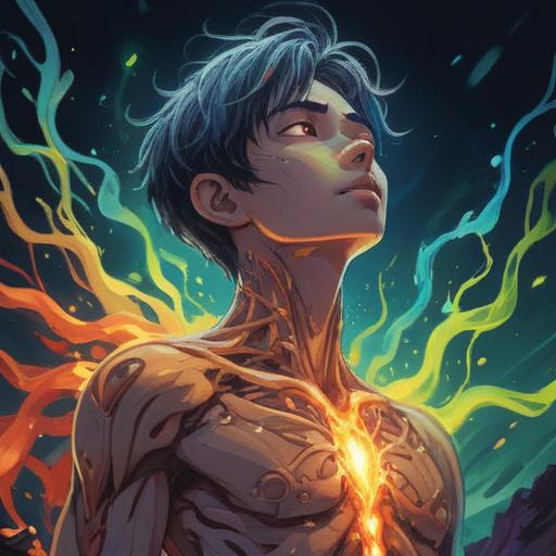 A surreal illustration of a person with a glowing neck, spiritual energy radiating from the back of their neck, vibrant auras surrounding them, symbols of transformation and healing, contrasting colors of light and shadow, serene facial expression, ethereal background, mystical vibes, interconnectedness with the universe, 4k