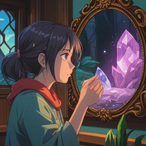 A serene and focused illustration, a person examining a small crystal stone in front of a mirror, a subtle light illuminating the scene, gentle reflections enhancing the mood, the individual showing a contemplative expression, hints of acne on the neck area, a calming atmosphere, details like soft fabrics and natural lighting, 4k