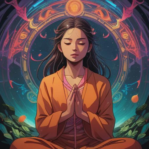 A serene illustration depicting spiritual healing, a person meditating with a healing aura around their neck and shoulders, vibrant energy flow, soft light illuminating the surrounding environment, symbols of wellness and positivity, nature elements like trees and flowers, calming colors, peaceful atmosphere, encouraging self-discovery, 4k