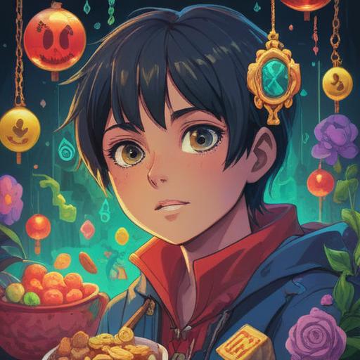 A whimsical and curious scene depicting a person discovering a mysterious growth on their neck, surrounded by an array of lucky charms and talismans, bright colors, magical atmosphere, playful expression, intricate details in the charms, symbolic representation of luck, vibrant natural background, enchanting elements, 4k