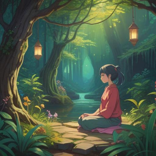 A serene illustration depicting an individual in a tranquil setting, focusing on mindfulness, gentle meditation, soft natural light, soothing colors, a peaceful expression, symbolic elements representing self-reflection, a calm environment with nature surrounding, conveying emotional clarity and inner peace, 4k