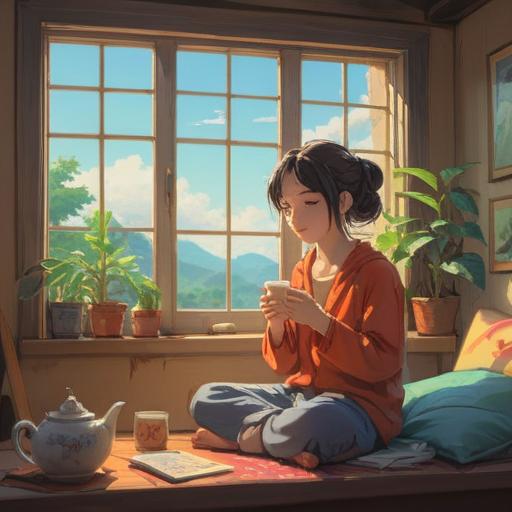 A serene morning routine scene, soft sunlight filtering through a window, a person meditating with closed eyes, a cup of tea on a wooden table, indoor plants creating a calming atmosphere, gentle music notes floating in the air, cozy home setting, tranquil expression, 4k