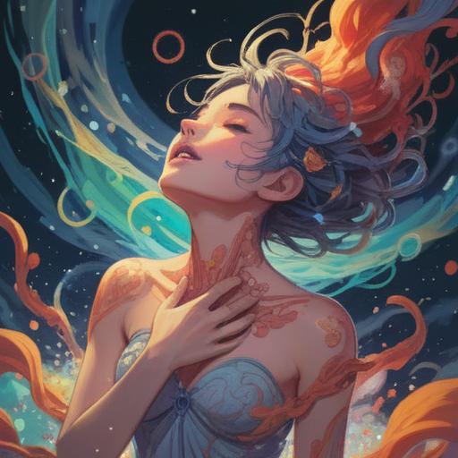 A serene and mystical illustration, depicting a person gently scratching their neck, surrounded by swirling ethereal energies, symbols of spiritual alerts in the air, tranquil colors, a forested background with soft light filtering through the trees, conveying a sense of awareness and intuition, vibrant aura, 4k