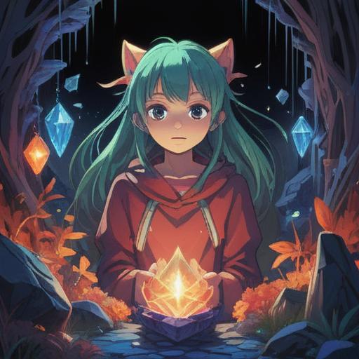 A mystical scene featuring a glowing crystal, vibrant colors, gentle light radiating from the crystal, a person gently scratching their neck in relief, surrounded by a serene forest setting, dreamy atmosphere, healing energies swirling around, detailed textures on the crystal, 4k