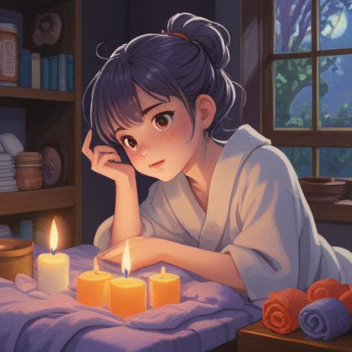 A serene scene of a person gently applying soothing lotion to their neck, surrounded by calming elements like lavender and soft towels, warm candlelight casting a relaxing glow, peaceful expression on the face, hints of natural remedies nearby, promoting self-care and relaxation, inviting atmosphere, 4k