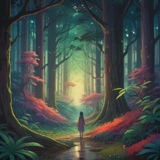A serene scene featuring a tall-necked figure in a tranquil forest, mystical aura surrounding, symbolic representation of spiritual growth, vibrant colors, uplifting energy, ethereal light shining through the trees, harmonious connection with nature, peaceful expression, 4k