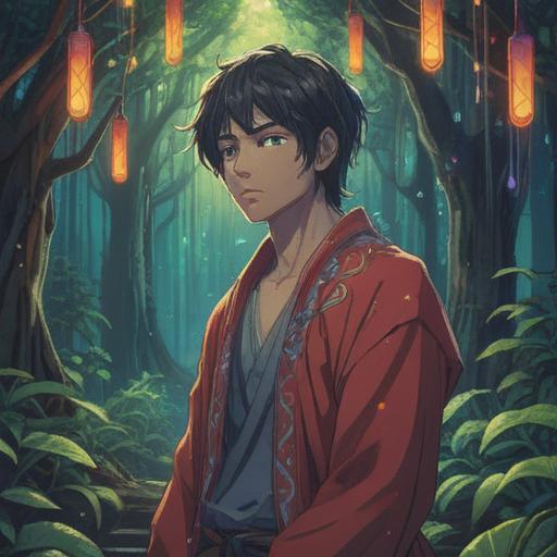 A mystical scene depicting a human figure with an elongated neck, surrounded by ethereal lights, representing spiritual awareness and enlightenment, nature elements like trees and water flowing, a calming aura, reflecting on self-awareness and intuition, vivid colors representing energy and transformation, serene atmosphere, intricate details in the background, 4k