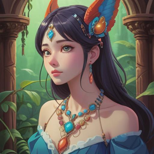 A whimsical illustration of a lucky accessory designed for long necks, featuring a beautifully crafted necklace adorned with vibrant gemstones, set against a bright and cheerful background, showcasing a person with an elongated neck wearing the accessory, surrounded by symbols of good luck such as four-leaf clovers and horseshoes, with a sense of joy and positivity, clean lines, playful style, 4k